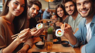 grupo de amigos comendo uramaki vegano