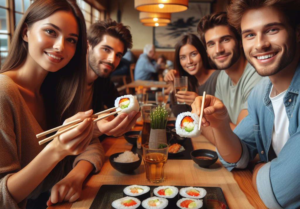grupo de amigos comendo uramaki vegano