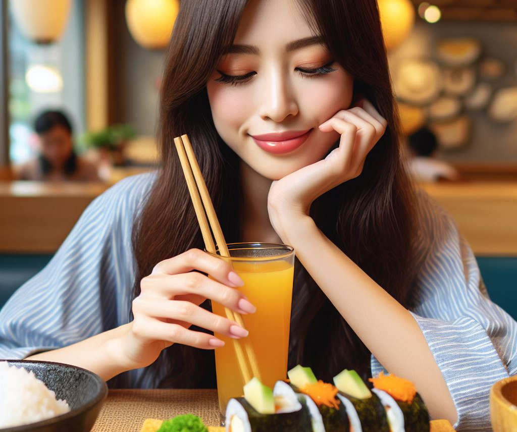 mulher japonesa comendo uramaki california