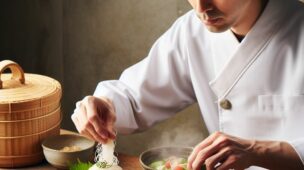 chef fazendo comida japonesa com pepino japones