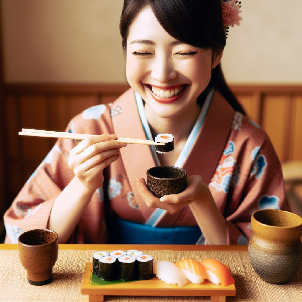 japonesa comendo comida japonesa