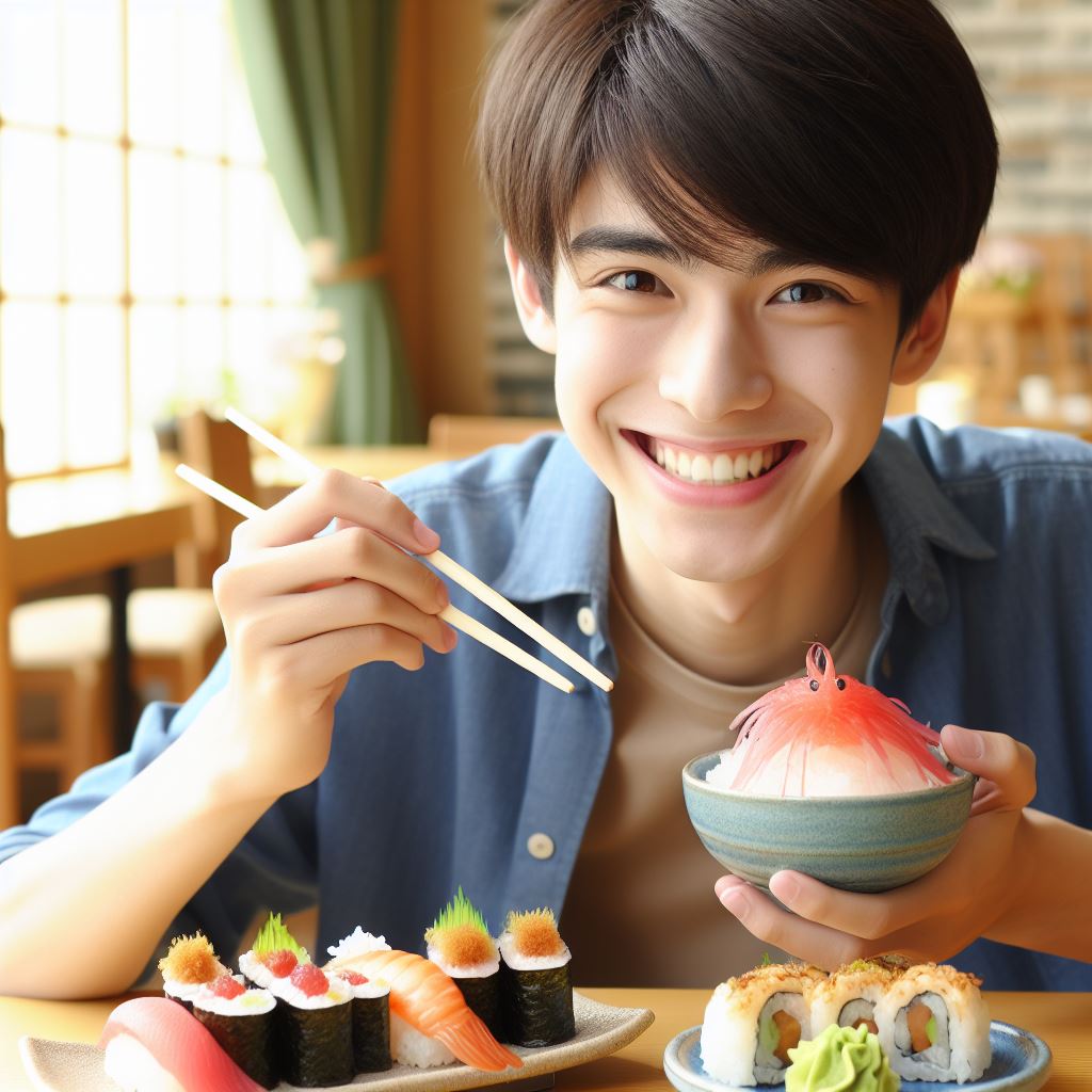 pessoa feliz comendo comida japonesa