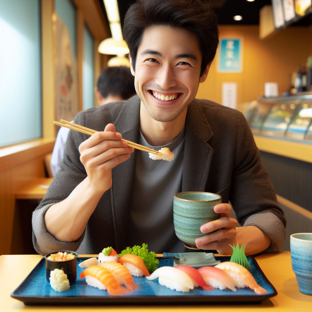 pessoa feliz comendo comida japonesa