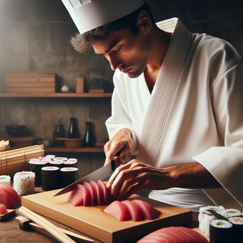 sushiman fazendo sashimi